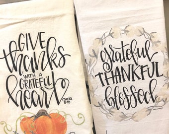 Fall pumpkin and cotton flour sack tea towel give thanks grateful thankful blessed