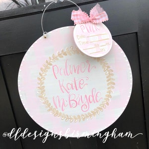 Baby girl Hospital door hanger gingham stripes hand lettering hand painted custom initials name