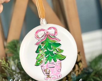 pink topiary christmas ornament glass hand painted greenery floral classic