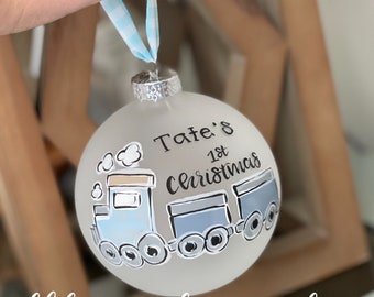 First christmas ornament boy train hand painted glass