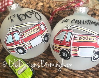 firetruck ornament boy handpainted hand lettered its a boy first Christmas