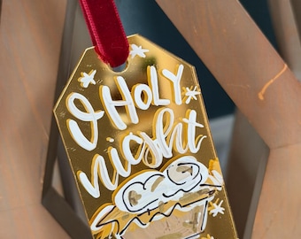Nativty ornament mirror handpainted gold hand lettered baby jesus