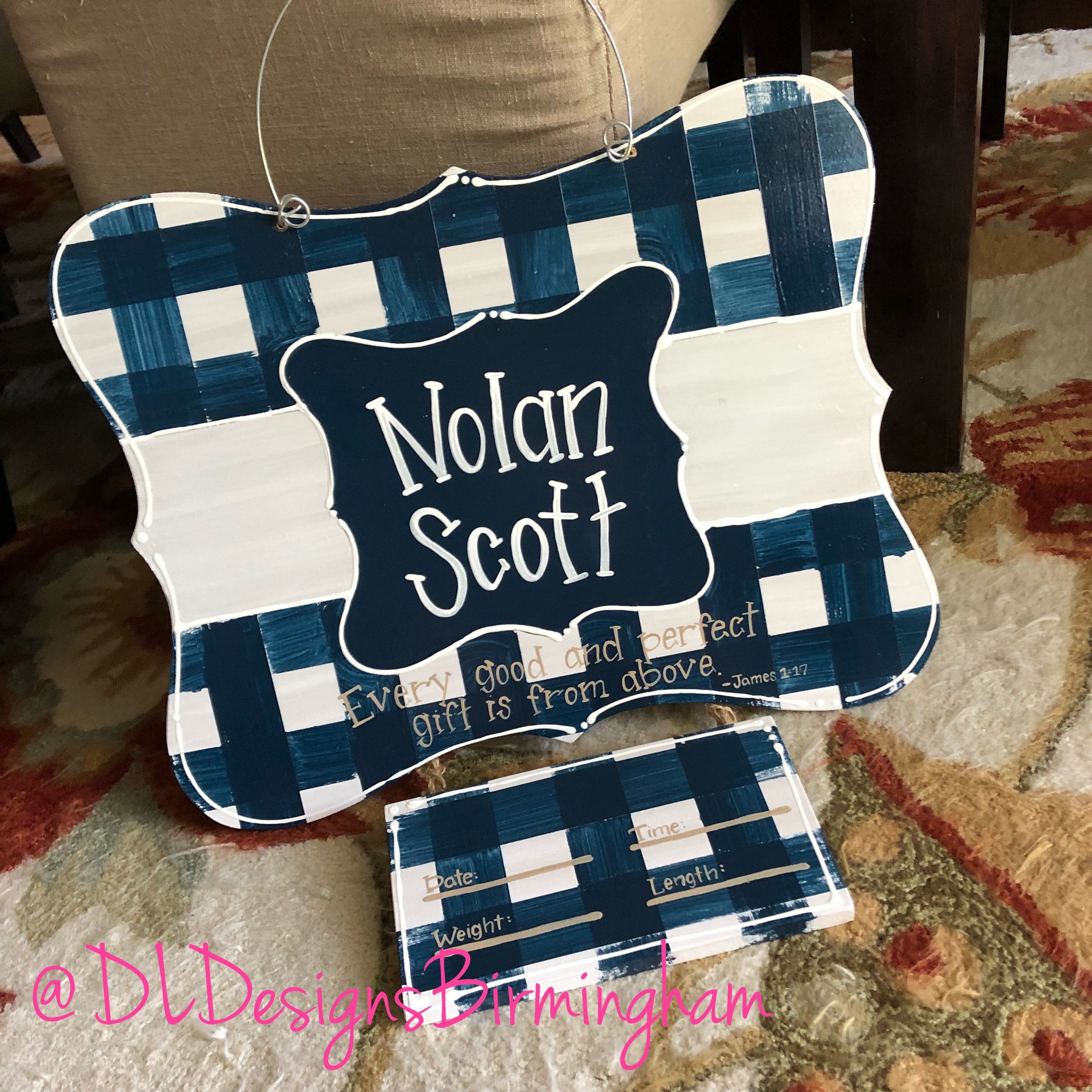 Hospital door hanger for baby boy, grey and navy, gingham for this