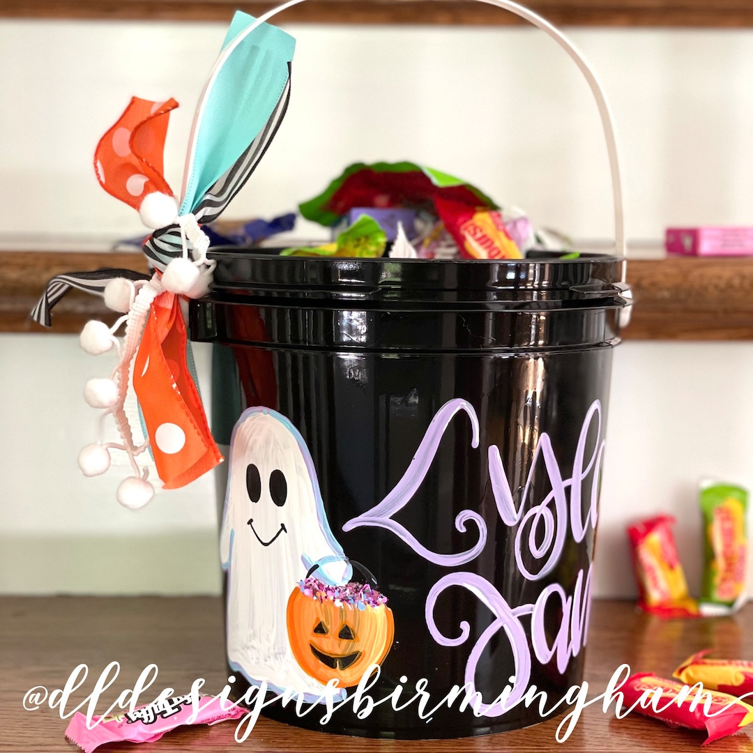 Personalized Black Plastic Halloween Bucket Ghost Trick or Treat Hand ...