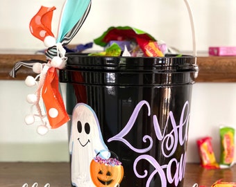 Personalized black plastic Halloween bucket ghost trick or treat hand lettered hand painted