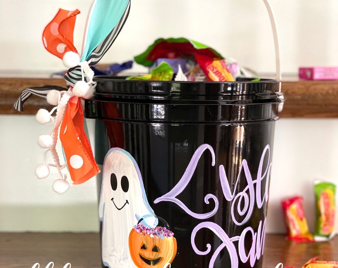 Personalized Black Plastic Halloween Bucket Ghost Trick or Treat Hand Lettered Hand Painted Etsy