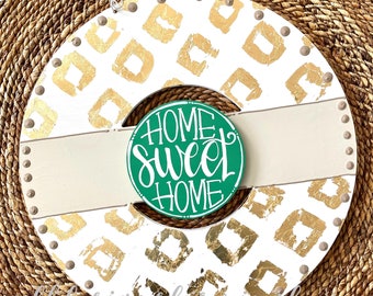 Gold and white wreath door hanger with diamonds and hand lettering interchangeable home sweet home green