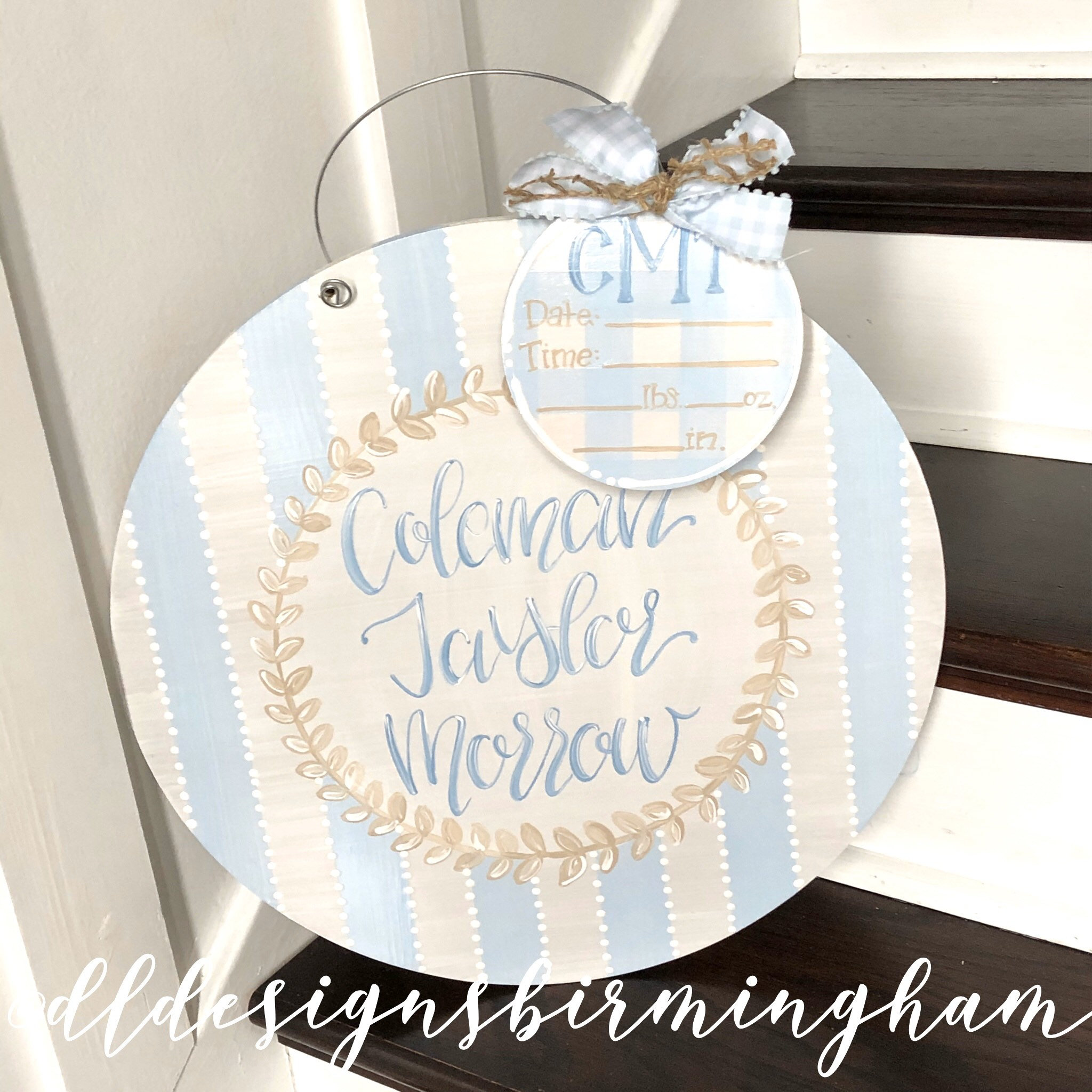 Baby boy Hospital door hanger gingham stripes hand lettering hand painted  custom initials name