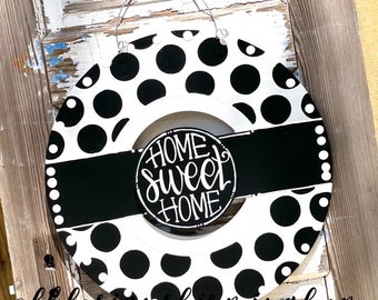 Black and white polka dot wreath door hanger with gingham and hand lettering interchangeable home sweet home
