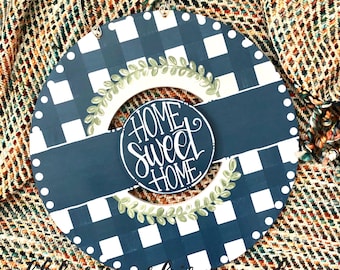 Farmhouse blue  wreath door hanger with gingham and hand lettering interchangeable home sweet home green floral