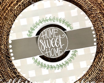 Neutral gingham wreath door hanger with gingham and hand lettering interchangeable home sweet home green floral tan