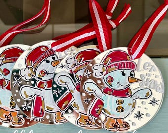 Snowman ornament mirror hand painted silver hand lettered let it snow