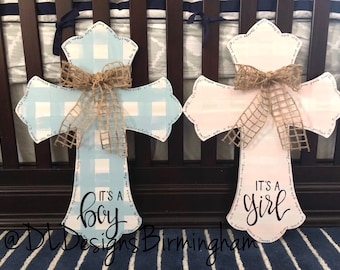 Baby hospital door or nursery cross gingham buffalo plaid hand lettered baby blue baby pink