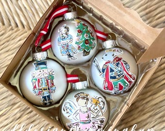 nutcracker ornament set glass handpainted Clara mouse king sugar plum fairy pearl