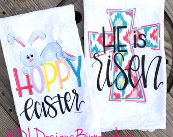 Easter flour sack tea towel hand lettering he is risen hoppy easter cross with ikat