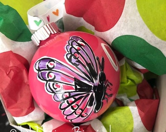 Butterfly ornament glass handpainted pink purple hand lettered