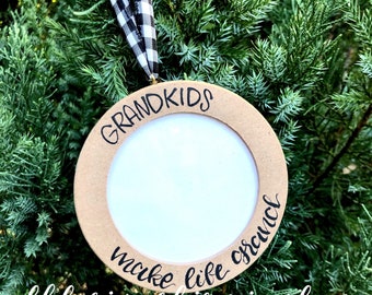 Grandkids ornament wood picture frame hand lettered grandkids grandparent gift