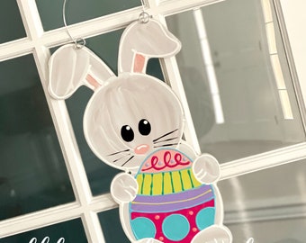 Easter bunny door hanger hand lettered egg happy easter