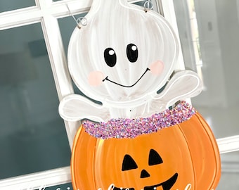 Ghost halloween door hanger ghost in pumpkin boo