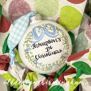 First christmas ornament glass hand painted greenery floral classic
