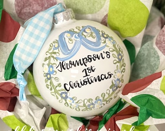First christmas ornament glass hand painted greenery floral classic