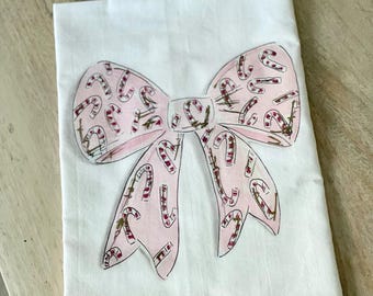 Bow tea towel preppy Christmas bow candy canes pink