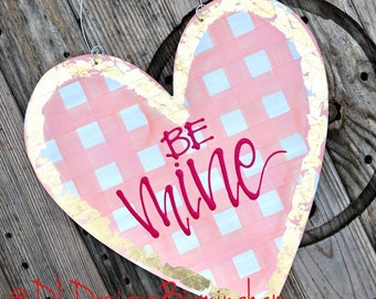 Heart Door Hanger valentine's day personalized handlettered gingham be mine pink gold