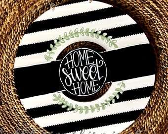 Black and white stripe wreath door hanger with stripes and hand lettering interchangeable home sweet home green floral black and white