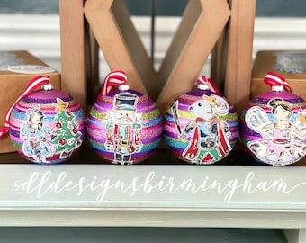 nutcracker ornament set glass handpainted Clara mouse king sugar plum fairy multicolor purple glitter