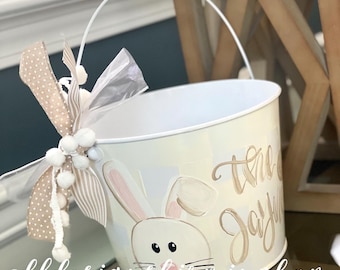 Personalized white metal Easter bucket gingham stripe polka dot bunny cross