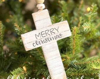 Cross ornament wood handletterimg last name shiplap farmhouse rustic handmade beads