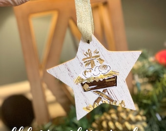 Nativity ornament baby Jesus wood handpainted gold leaf star