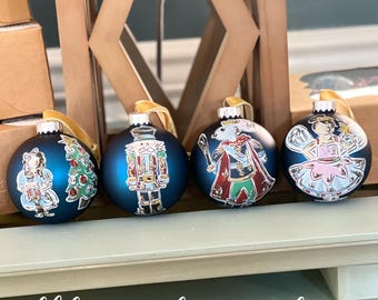 nutcracker ornament set glass handpainted Clara mouse king sugar plum fairy blue