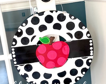 Black and white polka dot wreath door hanger with and apple interchangeable teacher door hanger