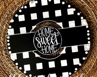 Black gingham wreath door hanger with gingham and hand lettering interchangeable home sweet home