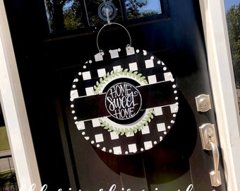 Black and white gingham wreath door hanger with gingham and hand lettering interchangeable home sweet home green floral