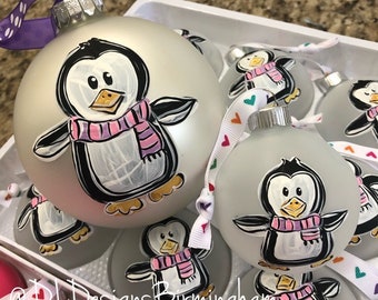 Penguin ornament girl personalized handpainted hand lettered