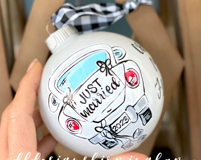 Featured listing image: First Christmas as  mr and mrs ornament vintage car just married wedding