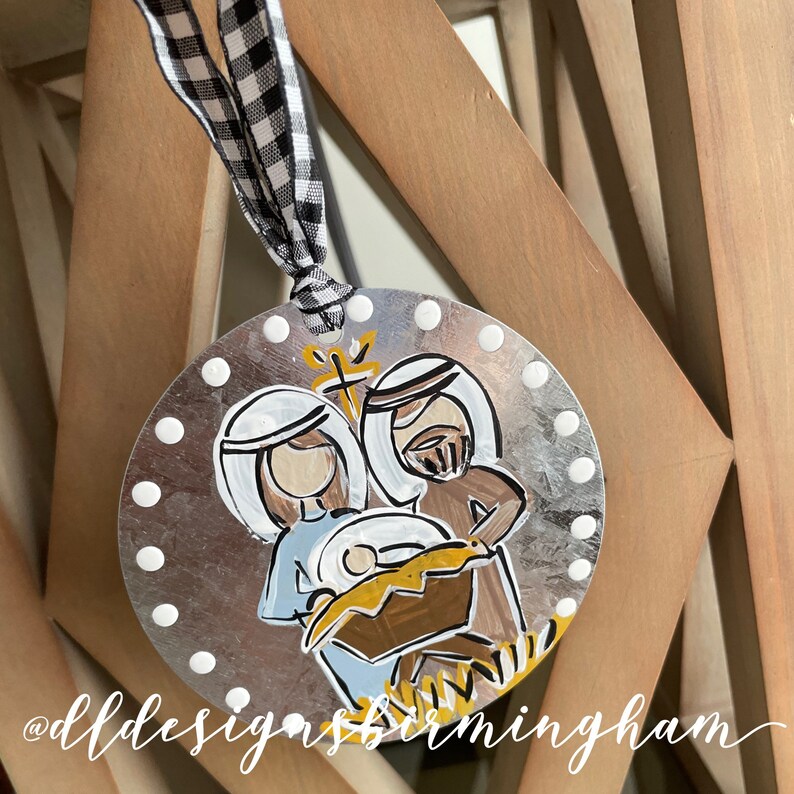 mary Baby jesus joseph handpainted galvanized metal ornament
