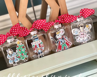 nutcracker ornament set plastic hand painted Clara mouse king sugar plum fairy clear square