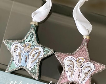 Angel hand painted mercury glass Star ornament pink blue