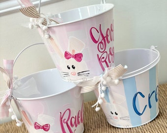 Personalized white metal Easter bucket gingham stripe polka dot bunny cross