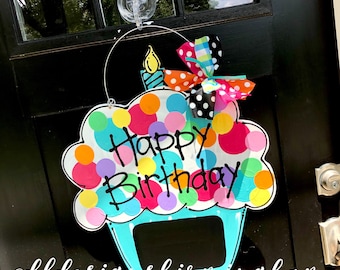 Happy Birthday gender Neutral Cupcake door hanger with chalkboard and candle