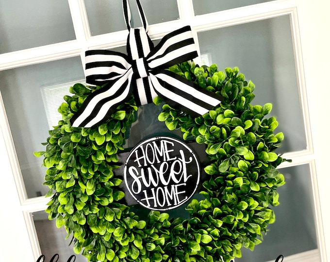 Featured listing image: Boxwood wreath door hanger with  hand lettering interchangeable home sweet home green floral