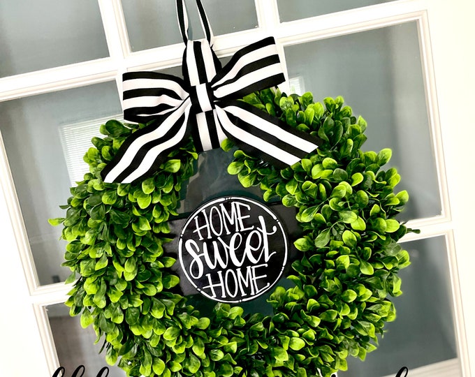 Featured listing image: Boxwood wreath door hanger with  hand lettering interchangeable home sweet home green floral