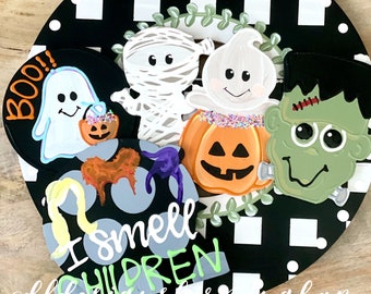 Halloween attachments for interchangeable wreath door hanger candy corn, ghost, mummy, witch cauldron, happy halloween Frankenstein witch