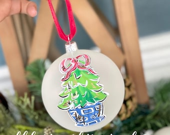 blue or pink topiary christmas ornament glass hand painted greenery bow classic frosted