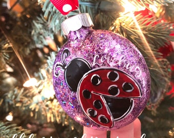 Ladybug ornament handpainted glass handlettered