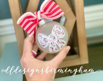 Preppy Bow ornament hand painted frosted glass ornament Christmas candy cane