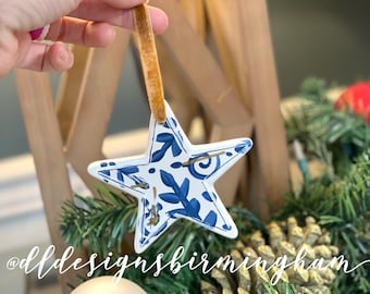 Blue and white star Christmas ornament ceramic hand-painted